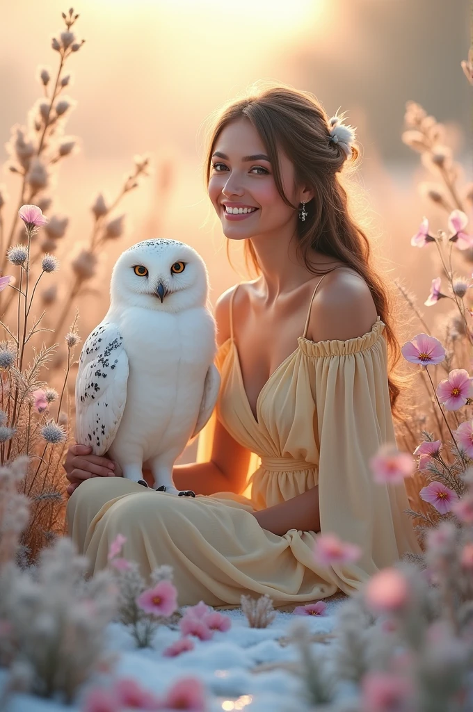 frosty freshness, crisp snow-white snow, beautiful woman smiling in light yellow & pink with her pet white owl, sitting in a pansies garden ,in light yellow-pink dawn,  pansies, white owl, gray transparent bells, thyme, cornflowers, feather grass, flower palace, silver lilac pebbles, ultra HD, improved quality, macro, professional photo,