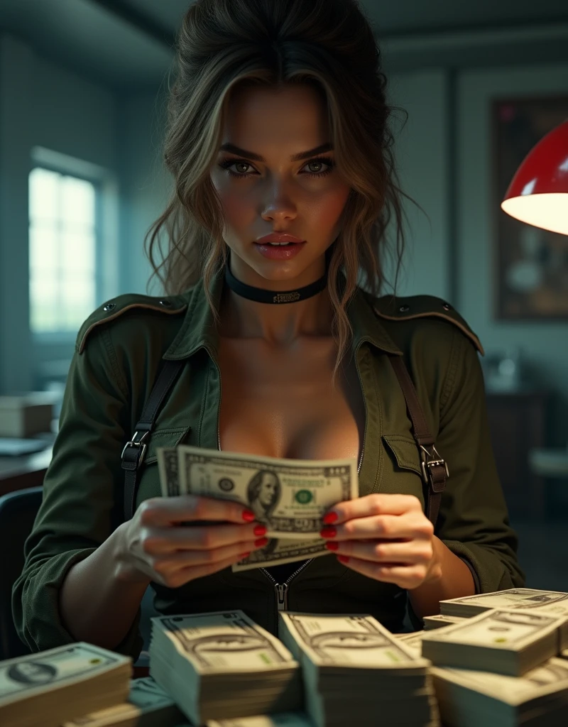 (Photorealism:1.2), sexy woman soldier, She is counting a lot of money..