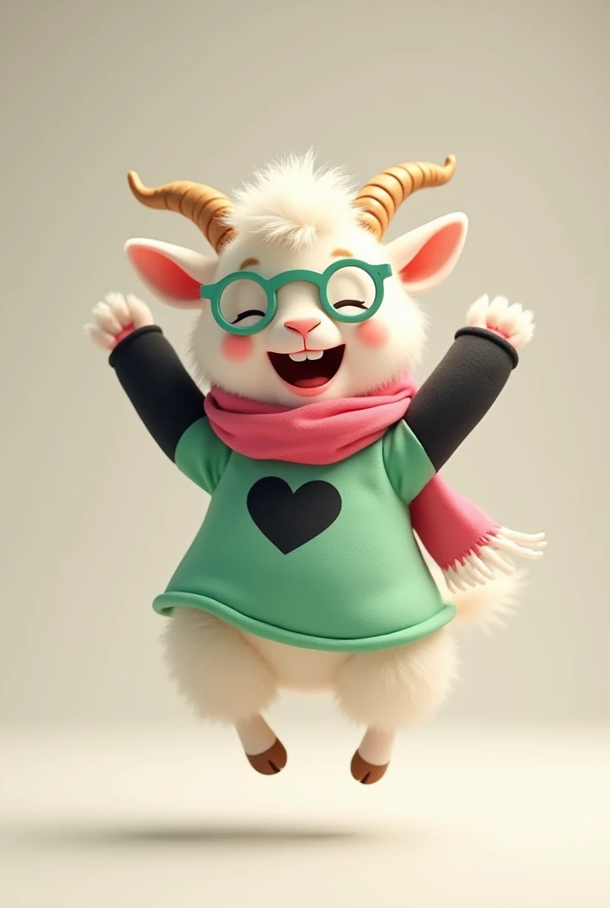 Small anthropomorphic goat, (fluffy) (White skin), jumping on one foot (left forward)(right on the ground), arms stretched upwards, green dress ( a black heart),(black sleeves), glasses (Light greens) (round),scarf(Pink colour), super happy face (closed eyes) (smiling).
