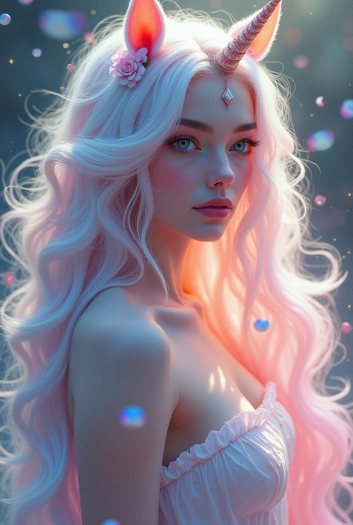 1 white girl as a unicorn with unicorn hair all over full body.
