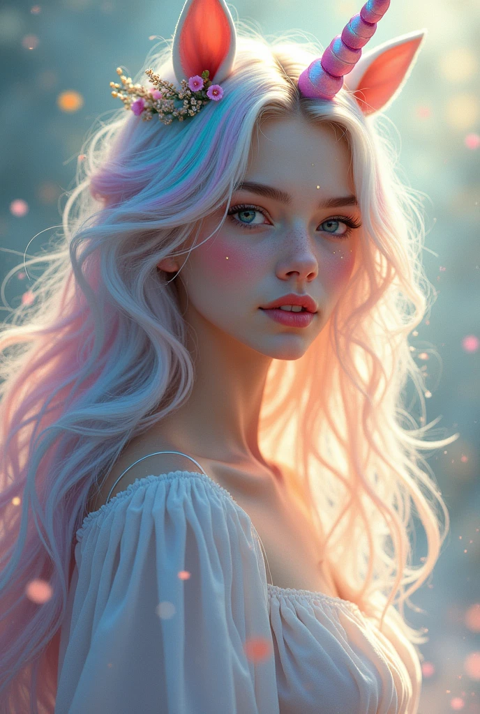 1 white girl as a unicorn with unicorn hair all over full body.