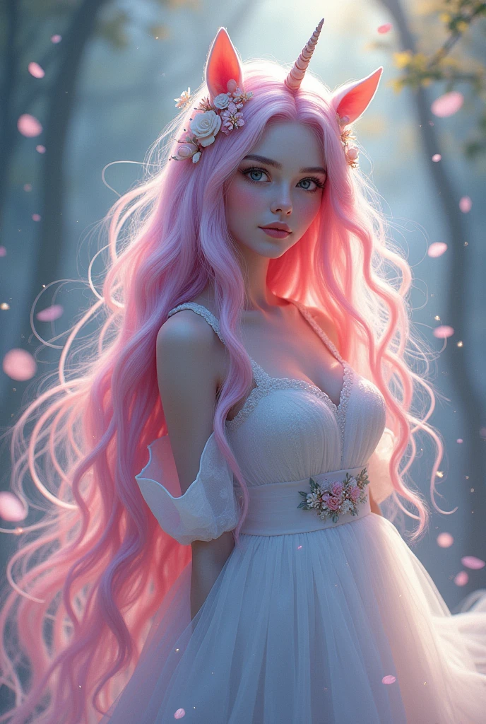1 white girl as a unicorn with unicorn hair all over full body.