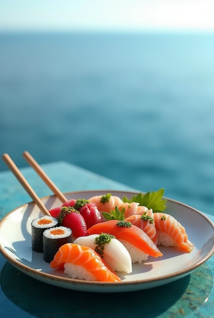 (photorealism: 1.2), realistic photo of a sushi with chopsticks placed at the edge of an infinity pool overlooking the ocean