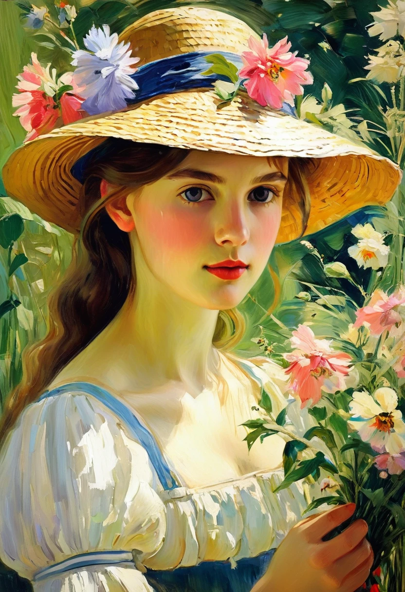 young beautiful girl in straw hat painting flowers on canvas, inspired by Berta Morisot, painting of nature, painting art, painting, painting, painting, painting on canvas, oil painting, oil - painting, professional works, art painting, beautiful art, fine art painting, inspired by Konstantin Somov, painting, paiting, artist