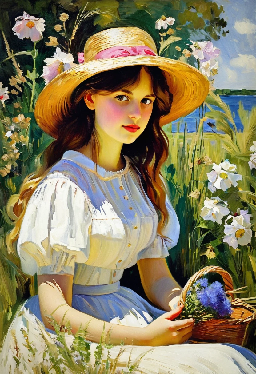young beautiful girl in straw hat painting flowers on canvas, inspired by Berta Morisot, painting of nature, painting art, painting, painting, painting, painting on canvas, oil painting, oil - painting, professional works, art painting, beautiful art, fine art painting, inspired by Konstantin Somov, painting, paiting, artist
