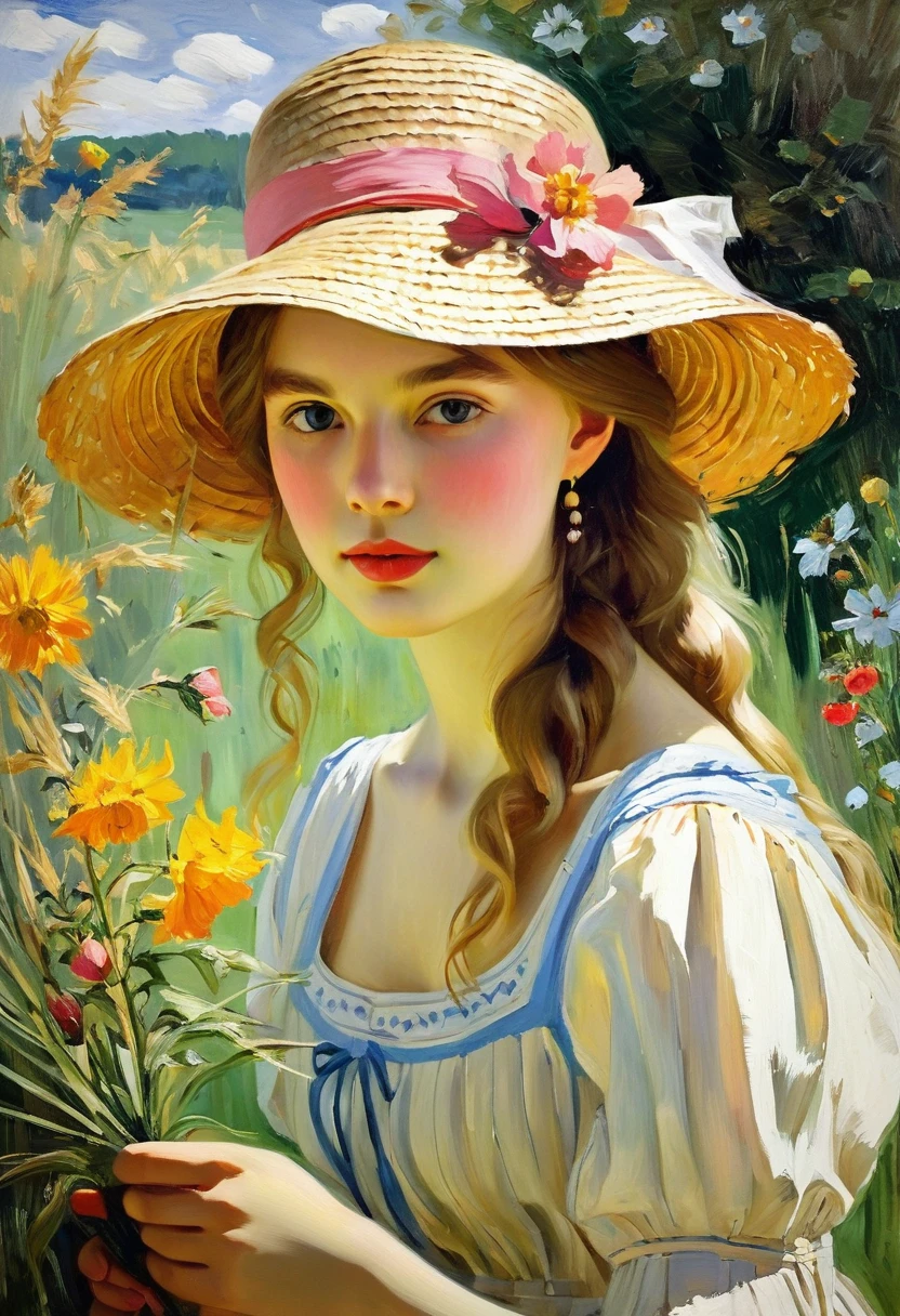 young beautiful girl in straw hat painting flowers on canvas, inspired by Berta Morisot, painting of nature, painting art, painting, painting, painting, painting on canvas, oil painting, oil - painting, professional works, art painting, beautiful art, fine art painting, inspired by Konstantin Somov, painting, paiting, artist