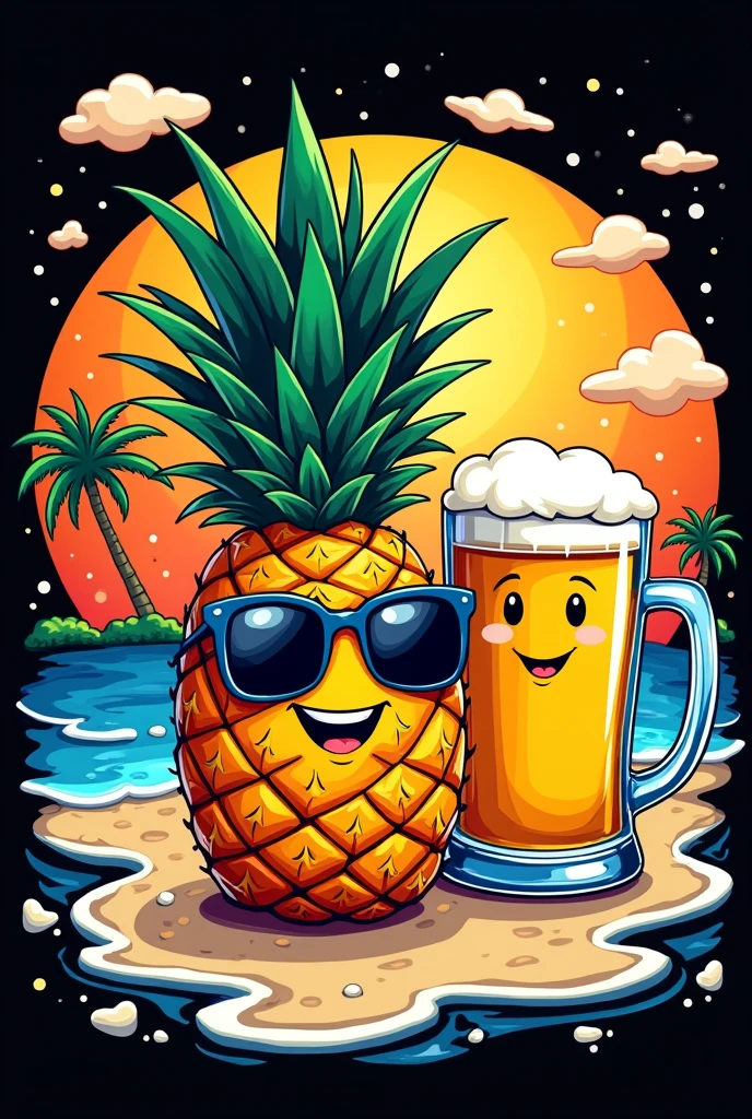 Make a t-shirt print with a pineapple with glasses and an animated beer with some phrases in the background with a black background in the beach style with more things with more beach phrases 