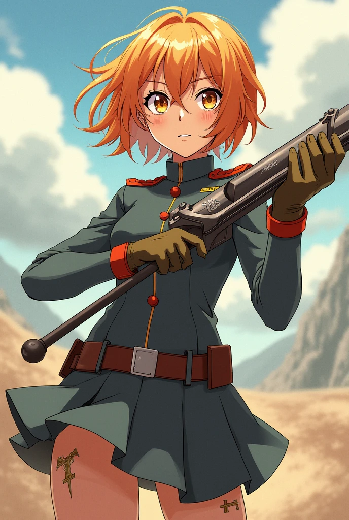 A thin woman with strawberry blonde hair. She has amber eyes, a nose and a thin mouth. Her hair is in wavy swavy curls. She is drawn in the style of the anime shingeki no kyiojin season 3. Her hair is short. Her chest is small. She has three-dimensional equipment on her and wears the uniform of the Exploration Battalion. She has a cross-shaped scar on her left ankle.
