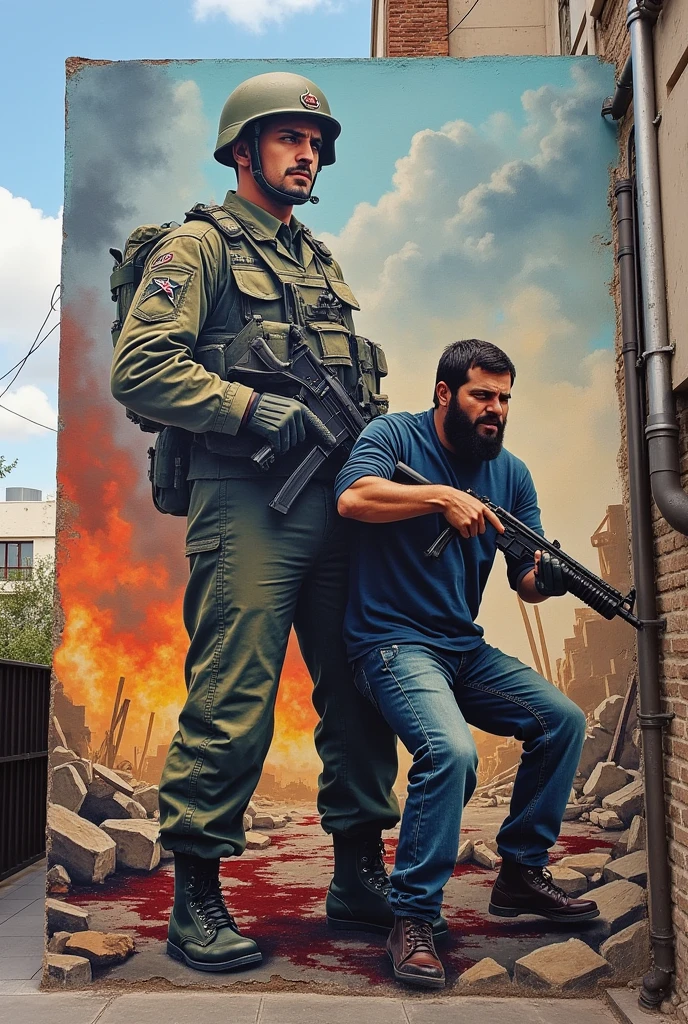 Give me a bloody image for a mural of the Israel-Gaza war ,where Israel is superior average an example of two people
