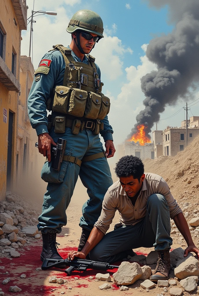 Give me a bloody image for a mural of the Israel-Gaza war ,where Israel is superior average an example of two people