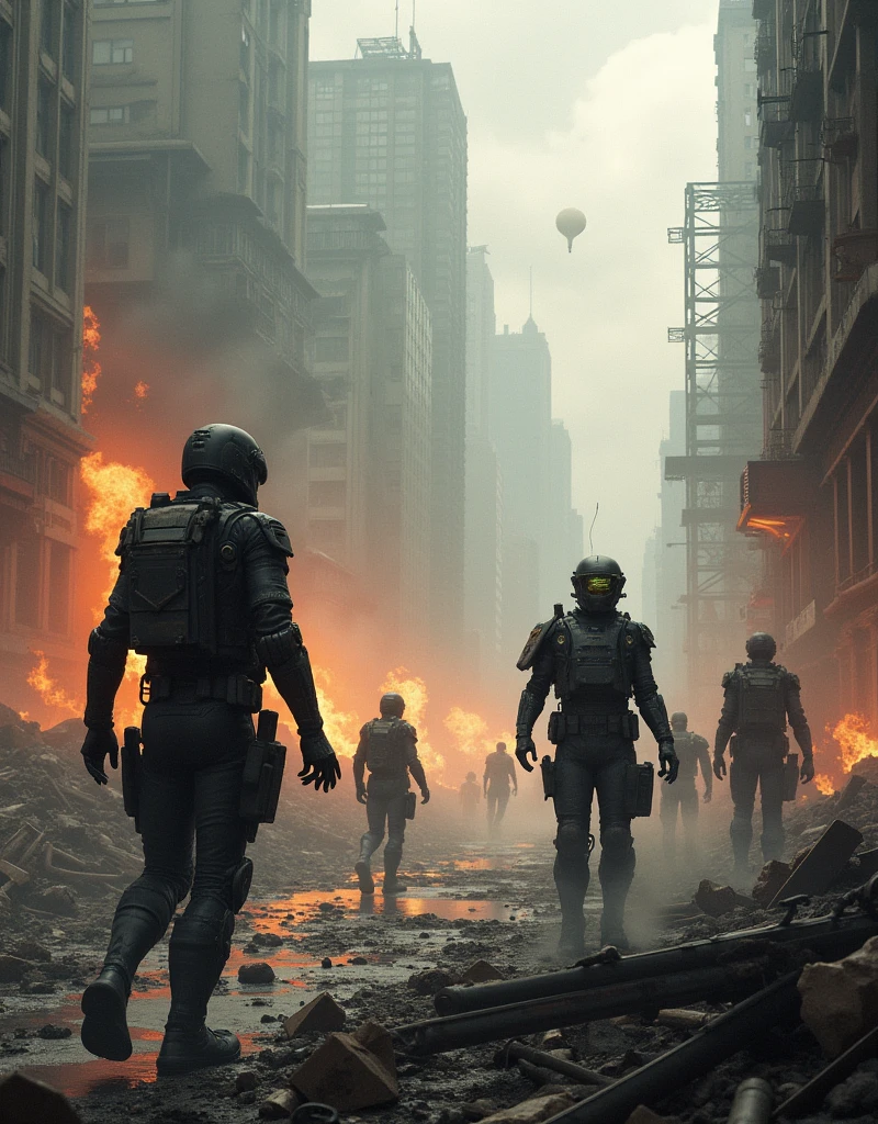 “A dystopian future where the last remnants of humanity face off against overwhelming odds in a ruined cityscape. The characters have cybernetic enhancements, scavenged armor, and makeshift weapons. The scene is dark and gritty, with the remnants of skyscrapers and vehicles scattered across the battlefield, and a sky filled with smoke and fire. The showdown is intense, capturing the desperation and resolve of the survivors. –v 5 –q 2 –ar 16:9 –stylize 625”