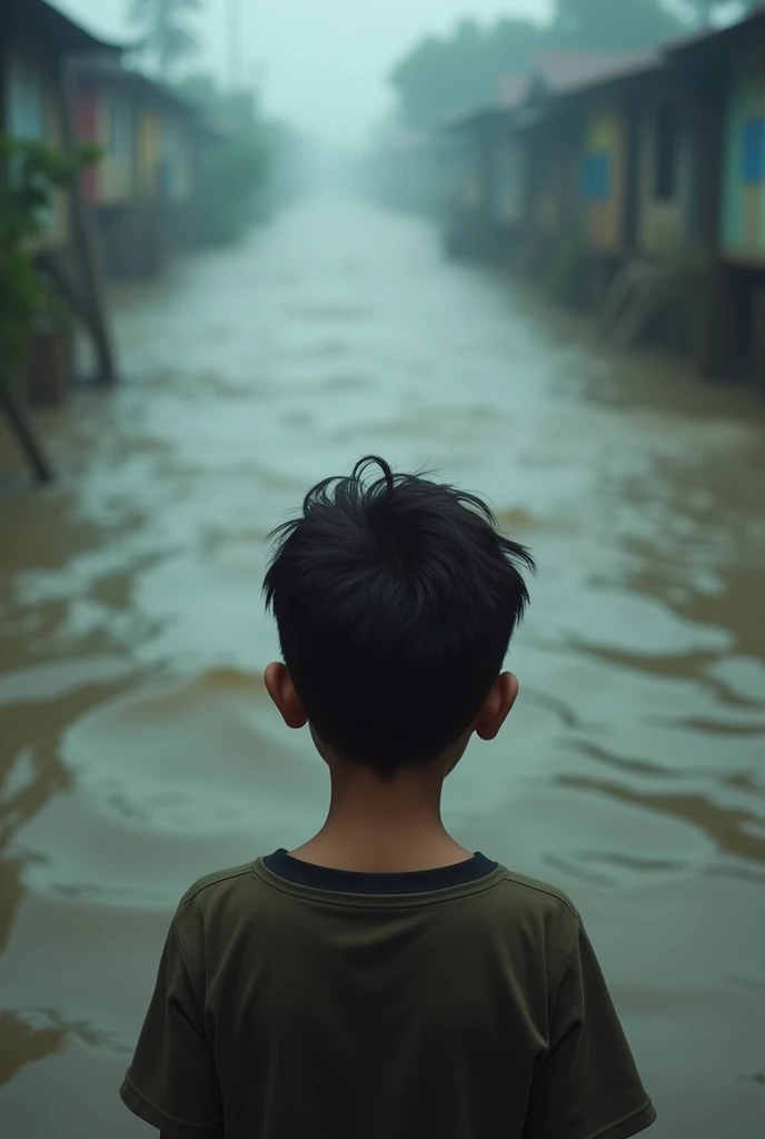 বন্যায় অনেক পানি থেকে ভয়ে তাকিয়ে থাকা
১৮ বছরের বাচ্চা ছেলের ছবি
