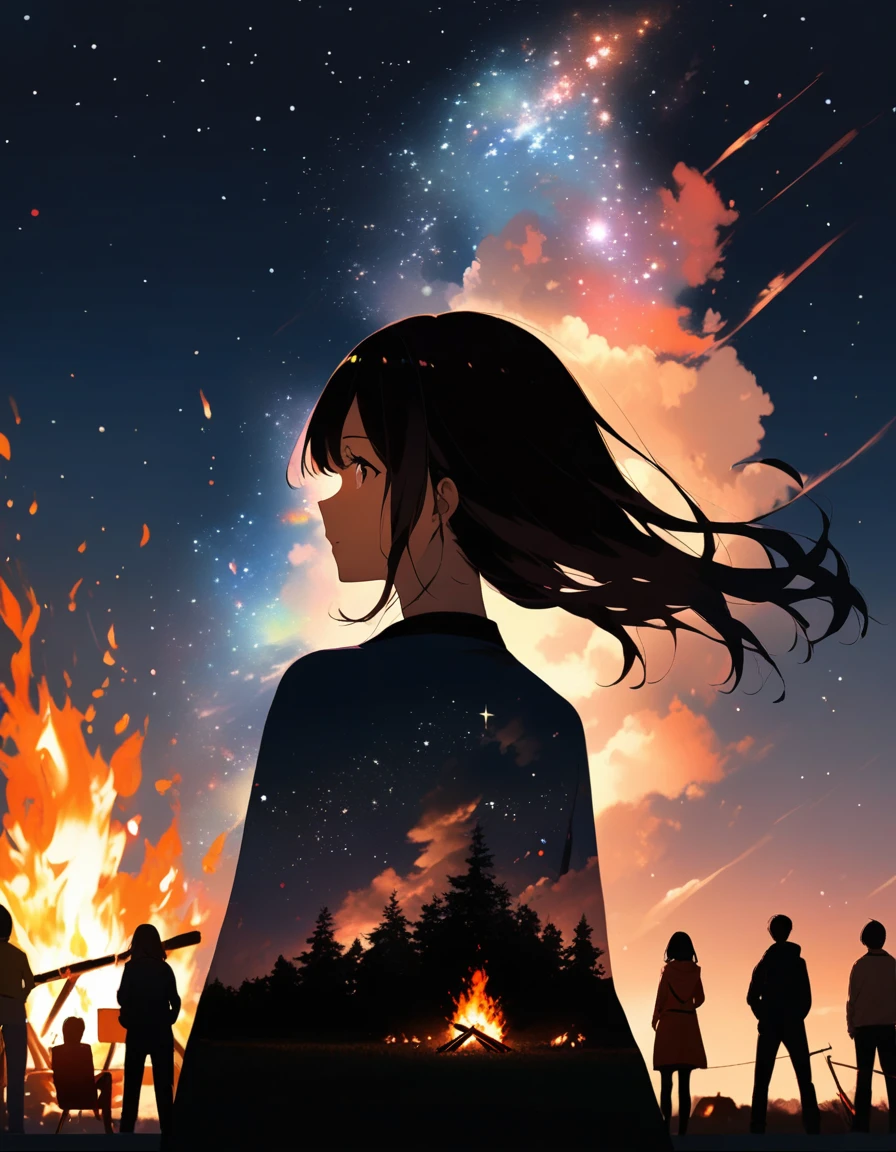 bonfire,Back view, 1girl, double exposure,Starry Sky,