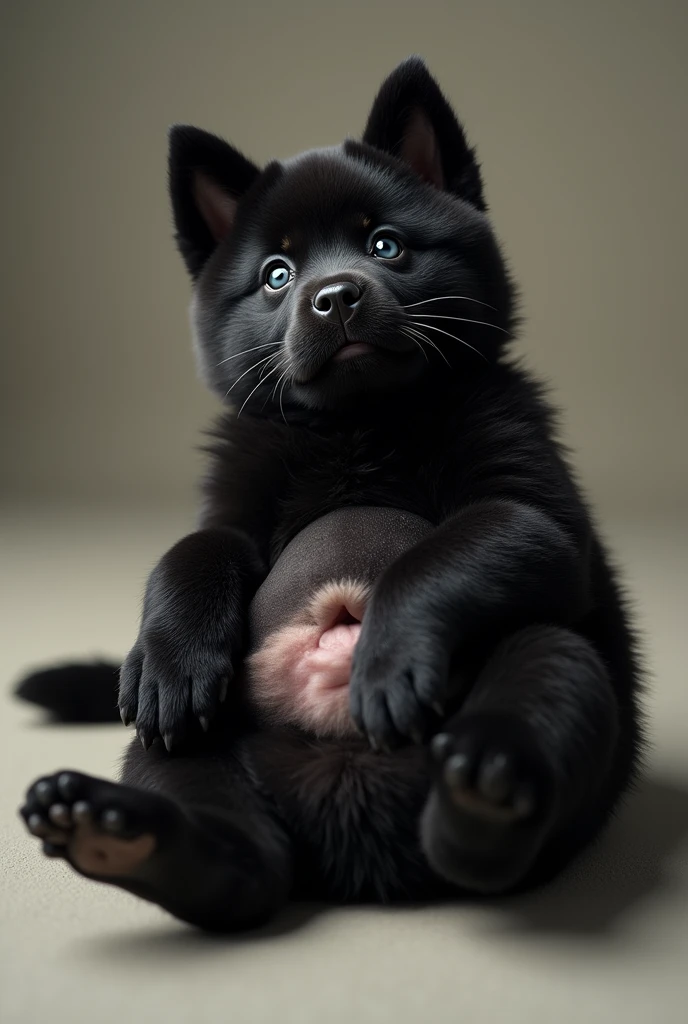 Black Akita puppy with a very swollen abdomen in a position with his back against the floor and looking up