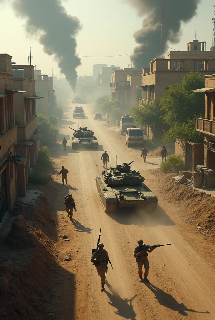 Image description:
A battle scene in a city in Iraq in the midst of conflict, captured in a long shot. In the center of the image, a dusty, deteriorated road stretches towards the city. On both sides of the road, there are two large ditches that complicate access.
Bottom of image: On the bottom right, the US military tries to advance. Two Abrams tanks dominate the scene, one of them stuck in one of the ditches as a team of military engineers work frantically to rescue it using engineering equipment. Several light combat vehicles accompany the tanks, and American soldiers are deployed, some of them firing towards the left of the road, towards a green area full of trees and grasses.
Left side of the image: In the green area, members of the Republican Guard of Saddam Hussein's army can be seen, camouflaged among the trees and outnumbering the American soldiers. They are firing at the American forces from advantageous positions, taking advantage of natural cover.
Top of the image: At the top, the entrance to the city is defended by Iraqi militiamen, who fire from buildings and makeshift barricades, trying to repel the advancing US army. Ruined buildings and smoke from gunfire add to the chaotic atmosphere of the battle.
Background: In the background, you can see the outlines of the Iraqi city, with buildings in poor condition and columns of black smoke rising to the sky, evidencing the ravages of the conflict.
This image captures the intense confrontation between US forces and Iraqi troops, showing the effort and tension on both sides of the conflict.
