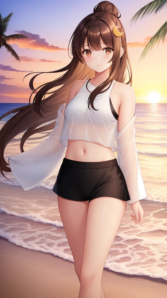 1girl, brown hair, brown eyes, hair up, crescent hair ornament, small breasts, bare shoulders, white t-shirt, sleeves, black shorts, walking on the beach, waves, palm trees, clouds, sunset, twilight 