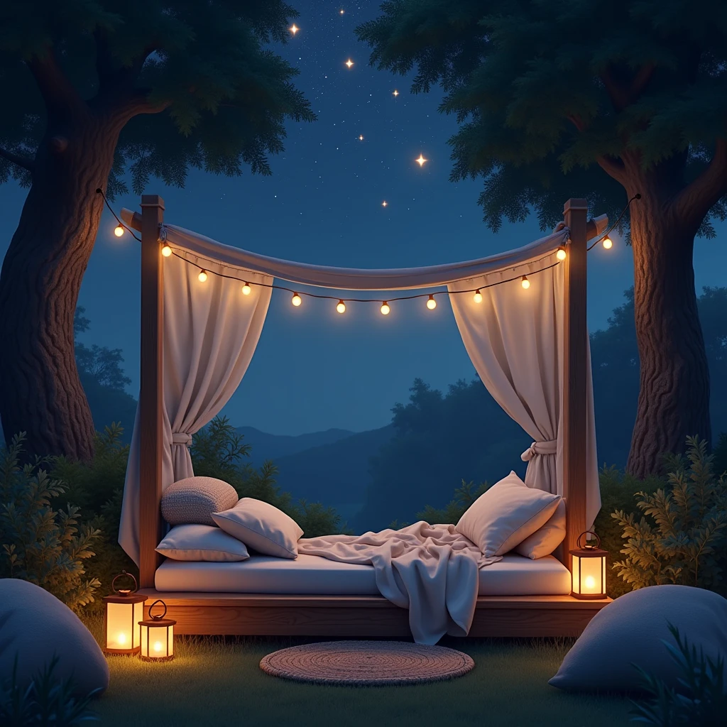 A serene outdoor sleeping nook under a starlit sky. Imagine a cozy, elevated platform or a hammock gently swaying, surrounded by soft, natural materials like cushions and blankets. The area is softly illuminated by the warm glow of lanterns or string lights, casting a calming light against the dark night. The backdrop includes peaceful elements such as lush trees or a tranquil garden. Gentle night sounds like a distant breeze or the soft chirping of crickets add to the ambiance. The overall setting is tranquil and inviting, offering a perfect escape for a restful night’s sleep under the stars