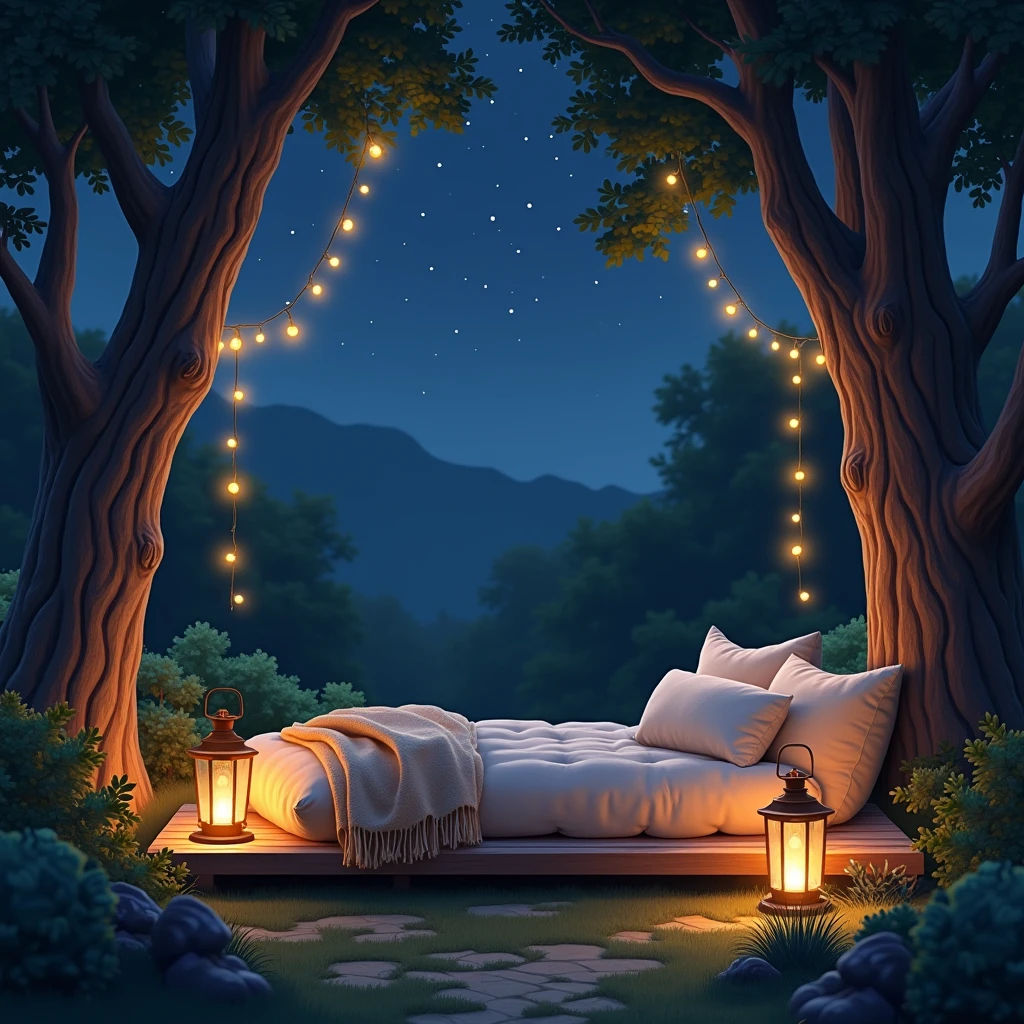 A serene outdoor sleeping nook under a starlit sky. Imagine a cozy, elevated platform or a hammock gently swaying, surrounded by soft, natural materials like cushions and blankets. The area is softly illuminated by the warm glow of lanterns or string lights, casting a calming light against the dark night. The backdrop includes peaceful elements such as lush trees or a tranquil garden. Gentle night sounds like a distant breeze or the soft chirping of crickets add to the ambiance. The overall setting is tranquil and inviting, offering a perfect escape for a restful night’s sleep under the stars