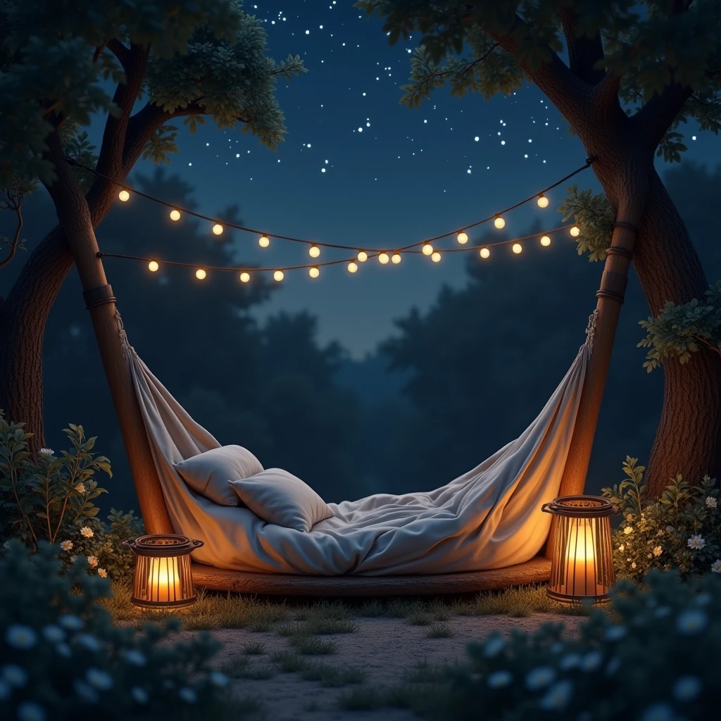 A serene outdoor sleeping nook under a starlit sky. Imagine a cozy, elevated platform or a hammock gently swaying, surrounded by soft, natural materials like cushions and blankets. The area is softly illuminated by the warm glow of lanterns or string lights, casting a calming light against the dark night. The backdrop includes peaceful elements such as lush trees or a tranquil garden. Gentle night sounds like a distant breeze or the soft chirping of crickets add to the ambiance. The overall setting is tranquil and inviting, offering a perfect escape for a restful night’s sleep under the stars