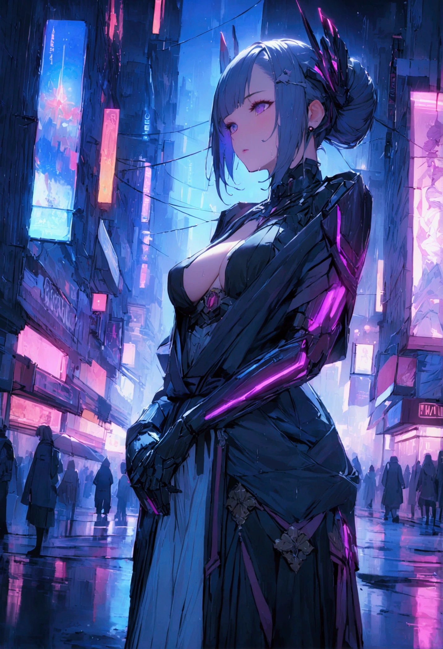 (best quality), (ultrafein), (masterpiece), Illustration, a girl,Kimono-Costume,cyberpunk, (cyberpunk,Kimono-Costume,Cybernetic implants),Hair Accessories, bright colours,open breasts, dynamic lighting,neon lights,shining city skyline,holographic projection,Fashionable clothing of the future,a mix of traditional and modern elements,Avantgardistisches Make-up,exquisite hairstyle,Self-confidence and determination,Urban environment,Heavy rain,Reflection on wet road,Metall Textur,Mechanical Armor, gorgeous accessories,High-Tech-Gadgets,Impressive cybernetic improvements,Clear focus,Grumpy Details, Overclocked rendering, Cinematic edge light, fine light, masterpiece, super Details, epic work, Ultra-High-Definition, good quality, 32K