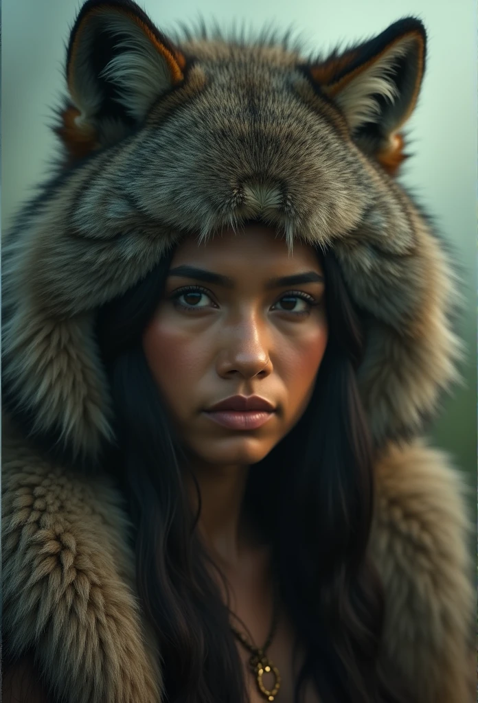 Retro Photography，((The style of Japanese films in the 1990s)), (Extreme details ，Original Photography, best quality), (Exquisite light and shadow, Very dramatic picture, Movie lens effects)，((Reality:1.3))，Indian woman with wolf skin on her head  