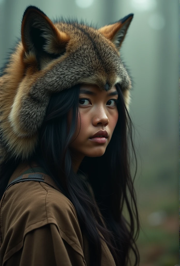 Retro Photography，((The style of Japanese films in the 1990s)), (Extreme details ，Original Photography, best quality), (Exquisite light and shadow, Very dramatic picture, Movie lens effects)，((Reality:1.3))，Indian woman with wolf skin on her head  