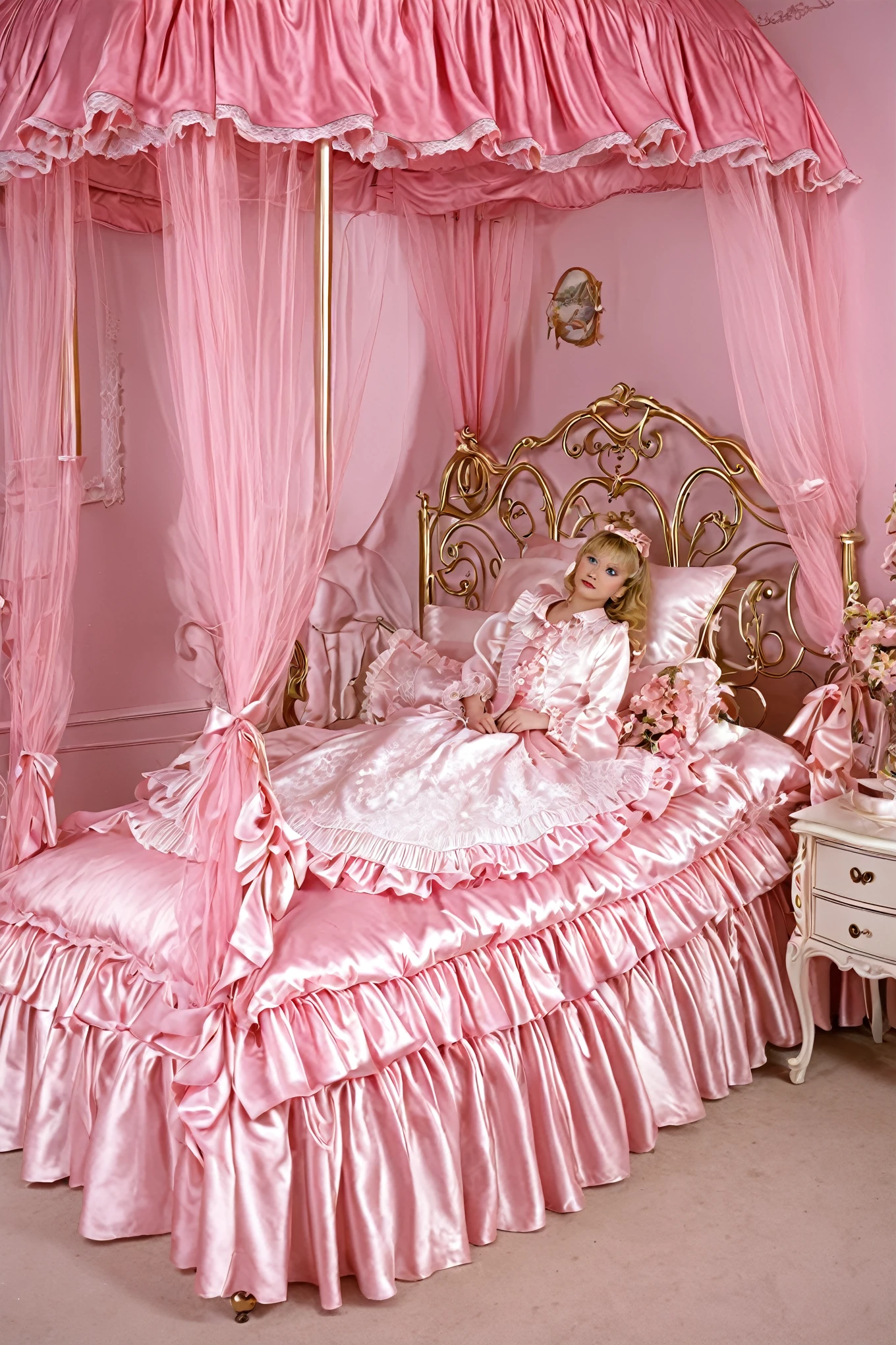 Beautifull 1girl on the bed,early age,detailed baby face,small face,a pink silk satin frilled blouse and skirt,medium dress,detailed ribbons,detailed lace petticoat,frilled sleeves,,a bed with a mountain of silk satin pillows,canopy bed,king size bed,more big bed,lot of silk satin frilled pillows,more pillows, A plump qulited silk satin soft devet,devet decorated ribbons, ruffles lace silk.retro white pipe bed frame, realistic, blue eyes, rolled long blond hear,