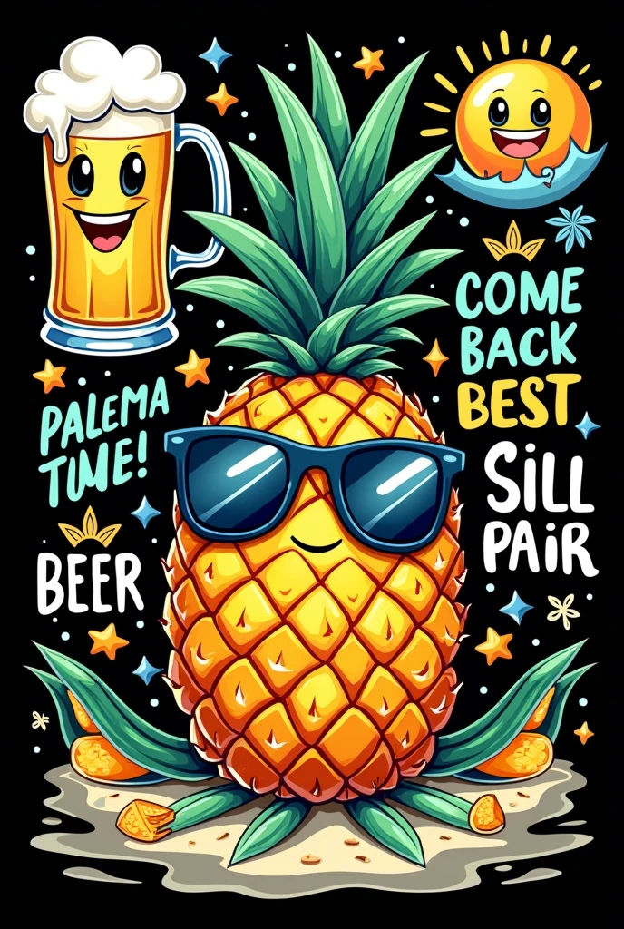 Make a t-shirt print with a pineapple with glasses and animated beer with some phrases in the background with a black background in the beach style with more things with more phrases