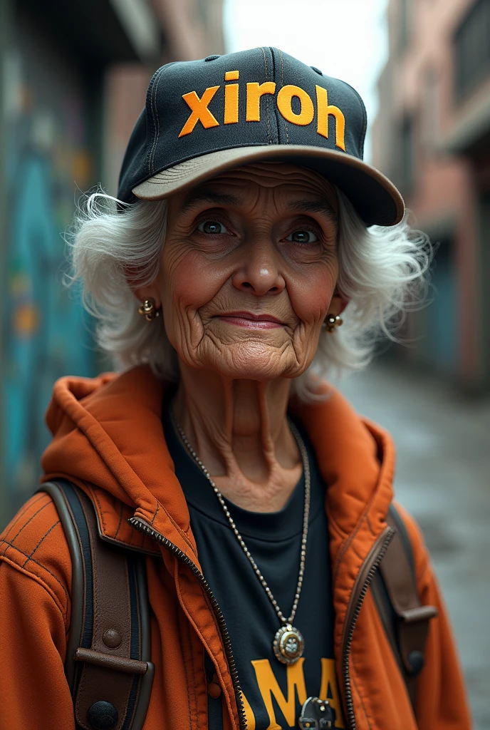Grandma with cap where XiroH text is written in graffiti style with street wear clothes 4k realistic unreal engine 5 detailed maximum resolution