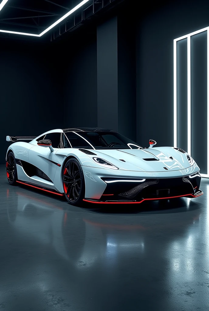 There is a white koenigsegg jesko and white Mercedes-benz E-class with white neon lights in black garage. Two cars should be clearly visible. Koenigsegg and Mercedes.