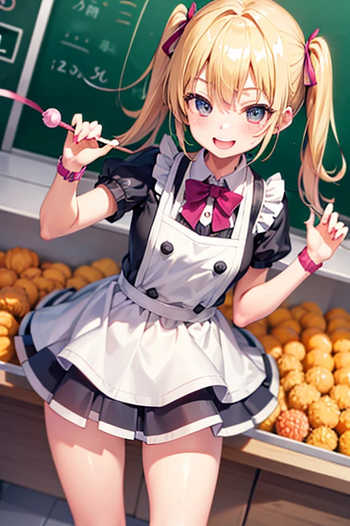 Elementary school student, blonde, short pigtails, candy in both hands, cheerful, candy store, smile, happy, fun