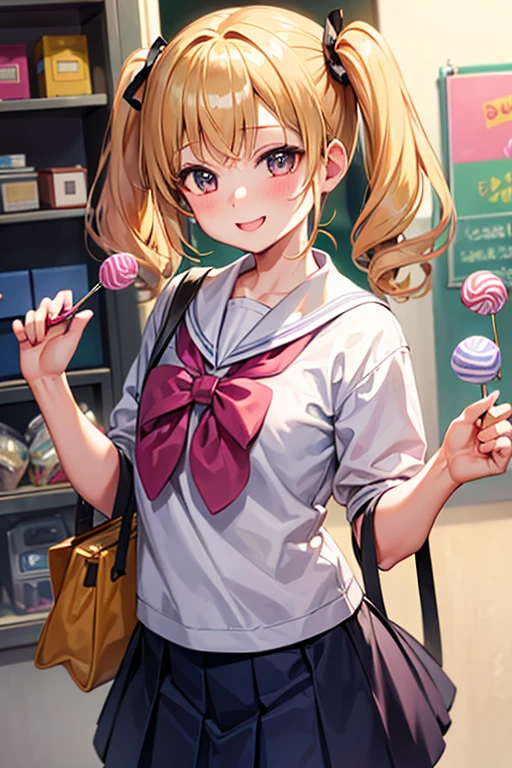 Elementary school student, blonde, short pigtails, candy in both hands, cheerful, candy store, smile, happy, fun