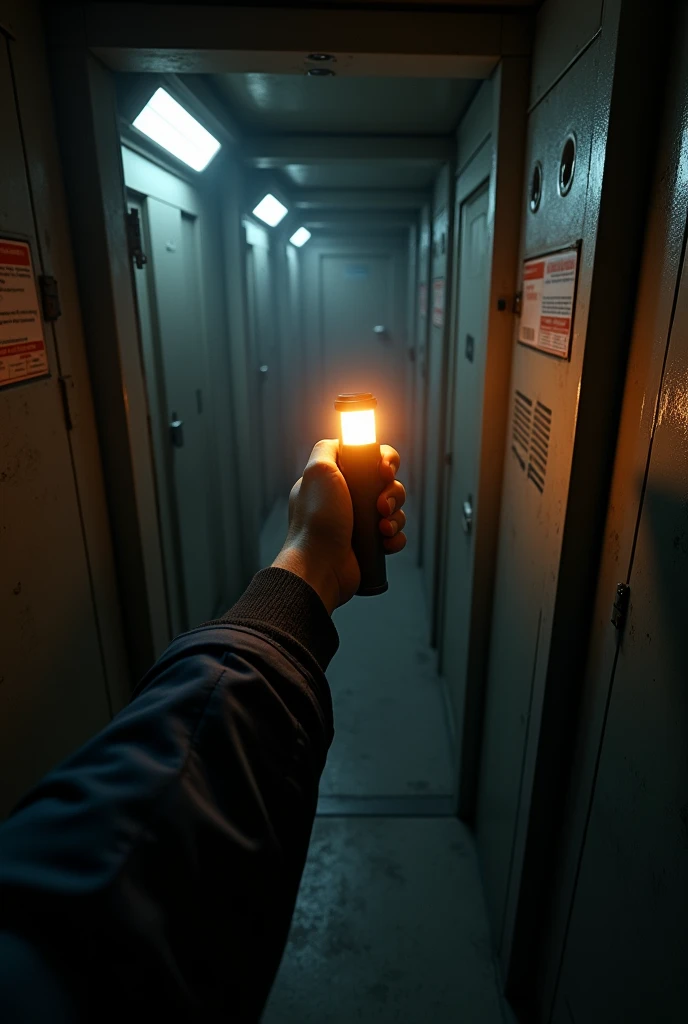 Spaceship internally, FIRST PERSON PERSPECTIVE CREWMAN, only one arm appears holding a flashlight, corridor with doors