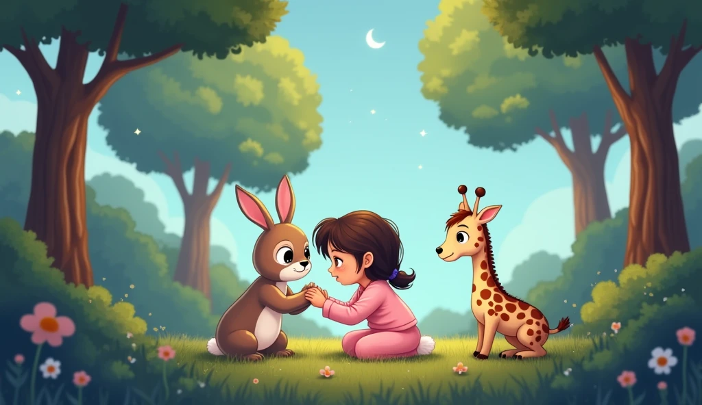 A little cartoon girl in pink pajamas is shown, with a sad-looking hare on her left. The hare has tears in its eyes and the girl's hand is on it. Next to the girl, there is a plush giraffe.