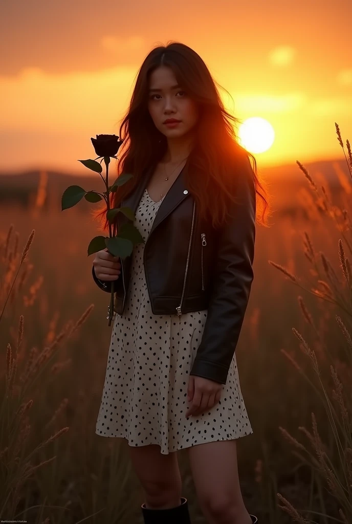 cinematic (solo) a 3 Asian woman, curvy body, long brown hair, wearing a black leather jacket, white polka dot dress, black boots, posing holding a black rose, standing in the middle of tall grass, sunset, cinematic