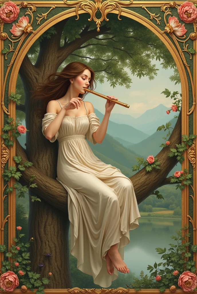 Woman playing flute sitting in a tree, Renaissance style.
Very decorated frame, Mucha Style.