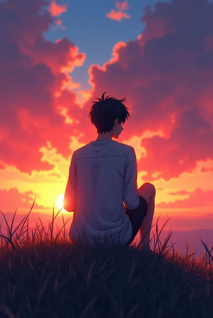 A tall boy sitting on sunset, colourfull background Focus on background add blue colour