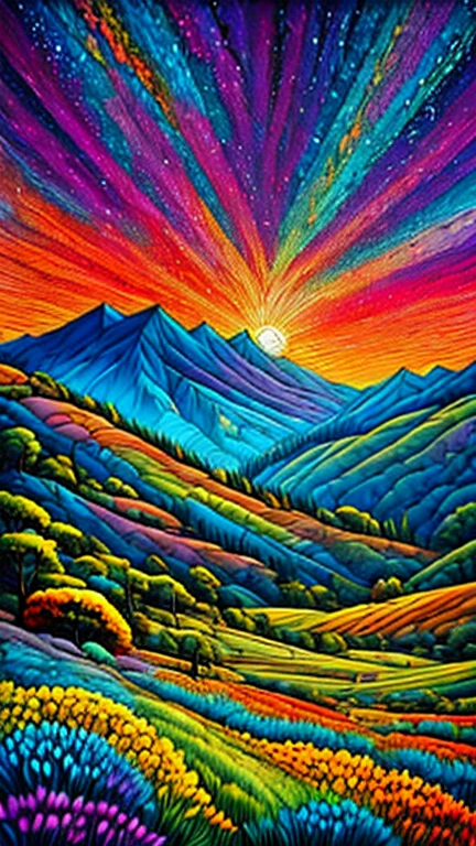 colorful landscape painting with trees and mountains, colorful landscape painting, vibrant oil painting, vibrant abstract landscape, amazing colorful landscape, colorful oil painting, mountains and colorful sunset, painted landscape, colorful sky, mythical flower hill, colorful sunset, large colorful image