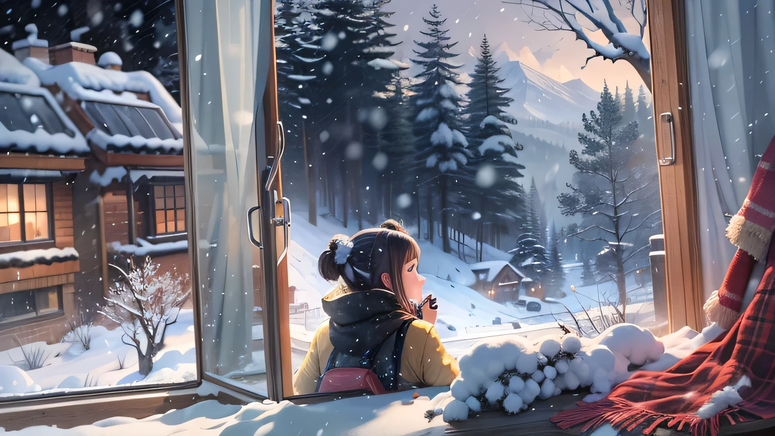 A cute girl is listening to music by the window and outside the window you can see a winter landscape and it is snowing.
