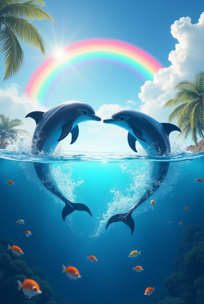 Dolphins jumping out of the water forming a heart shape, With a rainbow in the background, Also add unicorns and fish