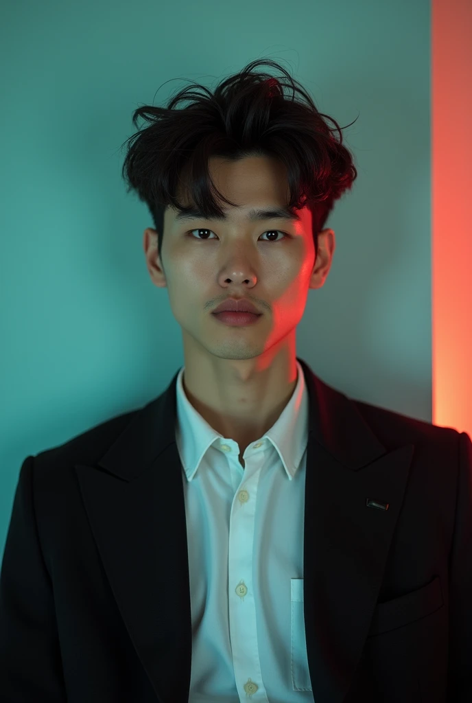 A young man with dark messy pomp hair with a oval face. He is dressed in a black blazer over a white shirt. The man is positioned against aqus colour backdrop with a subtle red lighting on the left side and he posing for Facebook profile