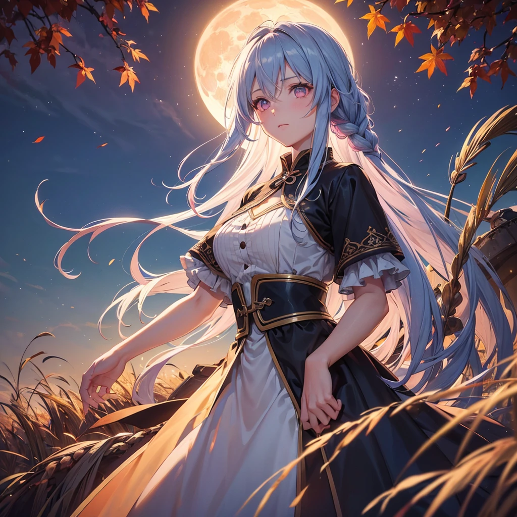 (Braiding hair),(Sky blue medium hair), (Pink eyes),(Fair skin)  ,(whole body),(One Girl),(harvest moon),(A large amount of Miscanthus sinensis in the background),autumn,(full moon),(masterpiece, Highest quality, Very detailed, Best Shadow), (Detailed Background), (Beautifully detailed face), High Contrast, (Best lighting, Very delicate and beautiful), ((Cinematic Light)), Hyper Detail,8k, Dramatic Light, Intricate details,Autumn leaf viewing,