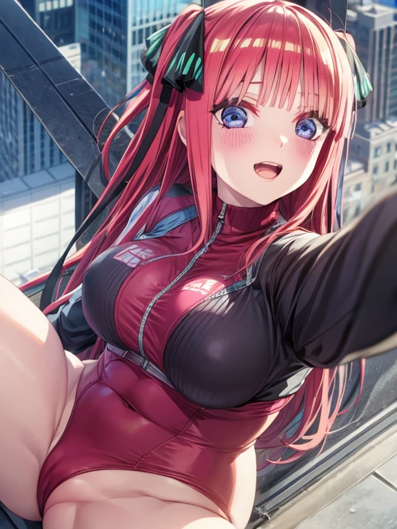 best quality, insanely detailed, nino nakano, breasts, blush, looking at viewer, cheerful eyes, arousal,long sleeve leotard, highleg leotard, athletic leotard, tight leotard, full body, spread legs, roof top background