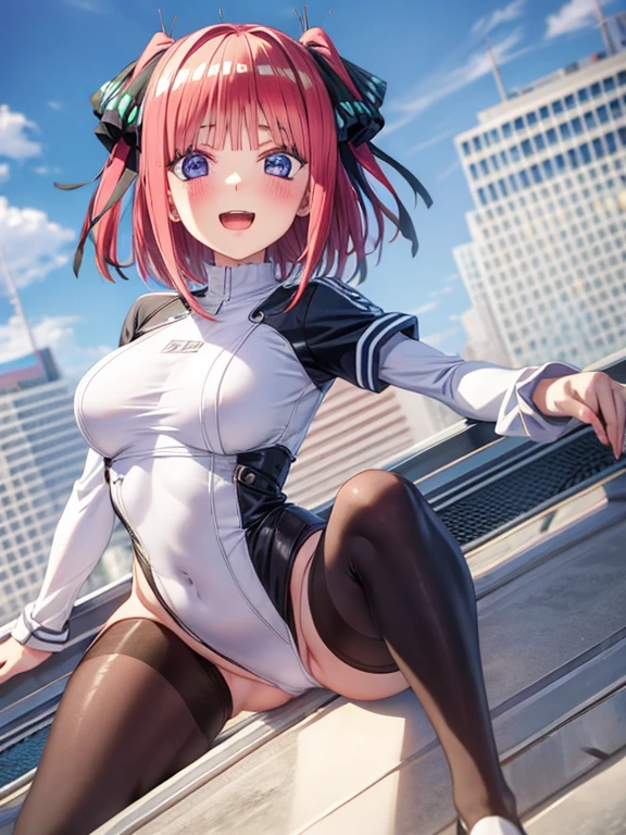 best quality, insanely detailed, nino nakano, breasts, blush, looking at viewer, cheerful eyes, arousal,long sleeve leotard, highleg leotard, athletic leotard, tight leotard, full body, spread legs, roof top background
