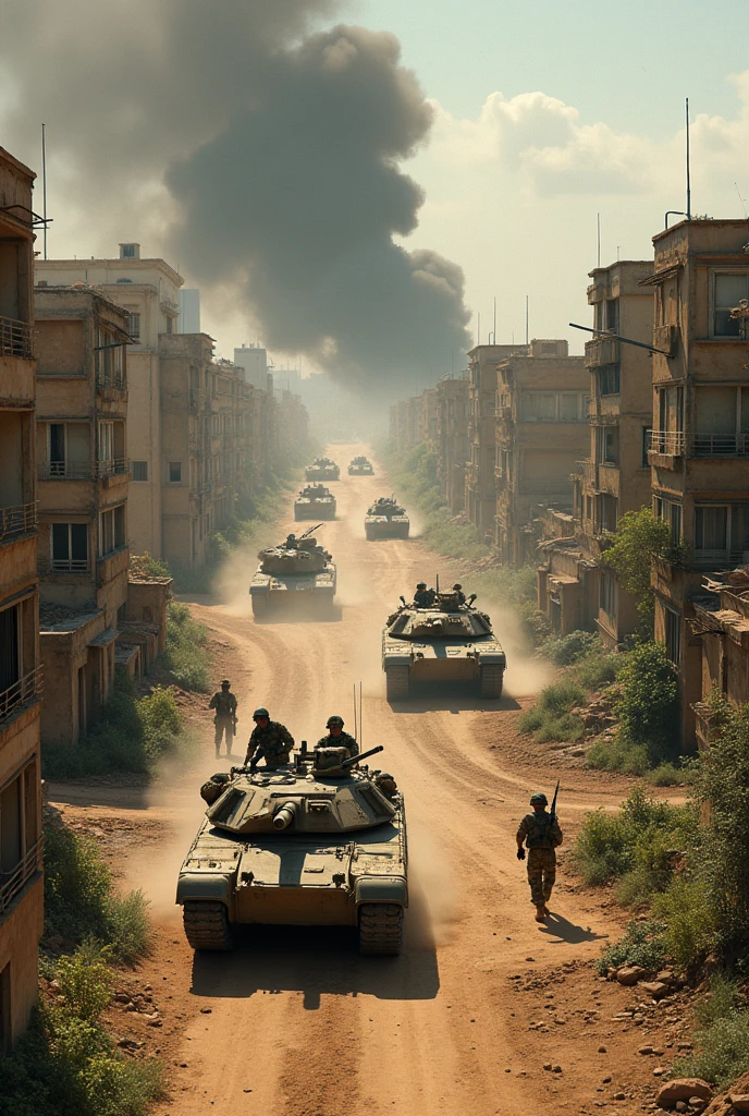 Image description:

A battle scene in a city in Iraq in the midst of conflict, captured in a long shot. In the center of the image, a dusty, deteriorated road stretches towards the city. On both sides of the road, there are two large ditches that complicate access.

Bottom of image: On the bottom right, the US military tries to advance. Two Abrams tanks dominate the scene, one of them stuck in one of the ditches as a team of military engineers work frantically to rescue it using engineering equipment. Several light combat vehicles accompany the tanks, and American soldiers are deployed, some of them firing towards the left of the road, towards a green area full of trees and grasses.

Left side of the image: In the green area, members of the Republican Guard of Saddam Hussein's army can be seen, camouflaged among the trees and outnumbering the American soldiers. They are firing at the American forces from advantageous positions, taking advantage of natural cover.

Top of the image: At the top, the entrance to the city is defended by Iraqi militiamen, who fire from buildings and makeshift barricades, trying to repel the advancing US army. Ruined buildings and smoke from gunfire add to the chaotic atmosphere of the battle.

Background: In the background, you can see the outlines of the Iraqi city, with buildings in poor condition and columns of black smoke rising to the sky, evidencing the ravages of the conflict.

This image captures the intense confrontation between US forces and Iraqi troops, showing the effort and tension on both sides of the conflict.