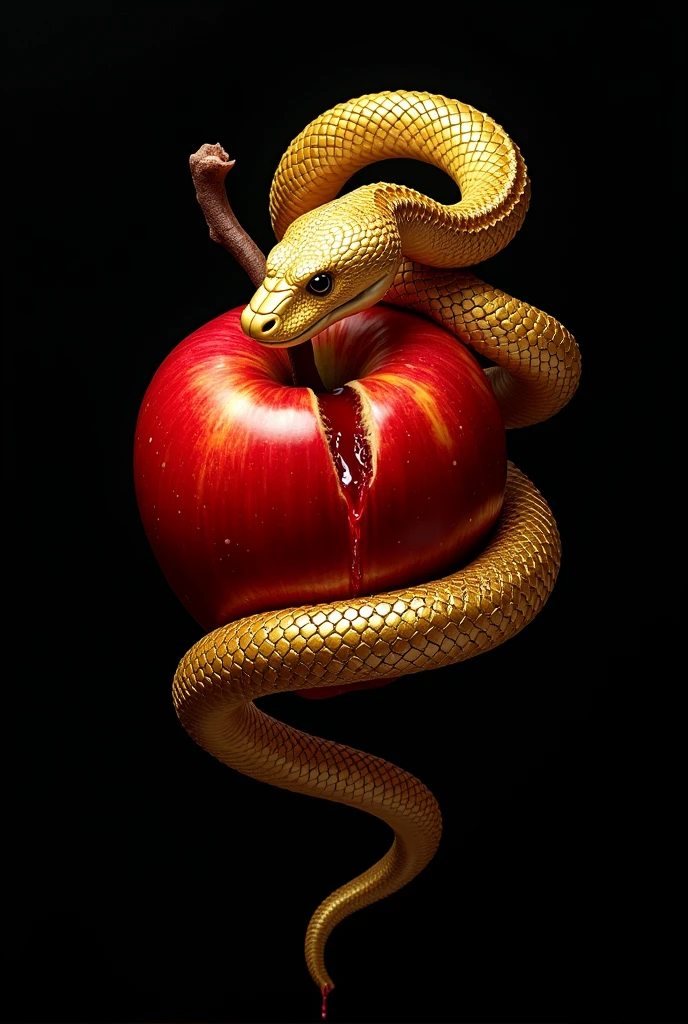 Golden snake wrapping around a bright red apple, bite, where a red liquid flows from the apple where the bite is with a black background with blue