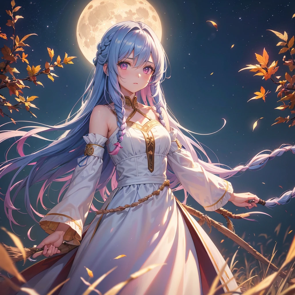 (Braiding hair),(Sky blue medium hair), (Pink eyes),(Fair skin)  ,(whole body),(One Girl),(harvest moon),(A large amount of Miscanthus sinensis in the background),autumn,(full moon),(masterpiece, Highest quality, Very detailed, Best Shadow), (Detailed Background), (Beautifully detailed face), High Contrast, (Best lighting, Very delicate and beautiful), ((Cinematic Light)), Hyper Detail,8k, Dramatic Light, Intricate details,Autumn leaf viewing,