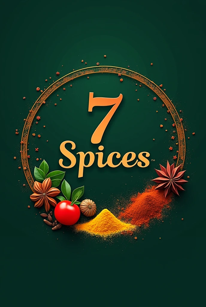 Generate a  round logo of restaurant name 7 spices with dark green background and grind spices near it