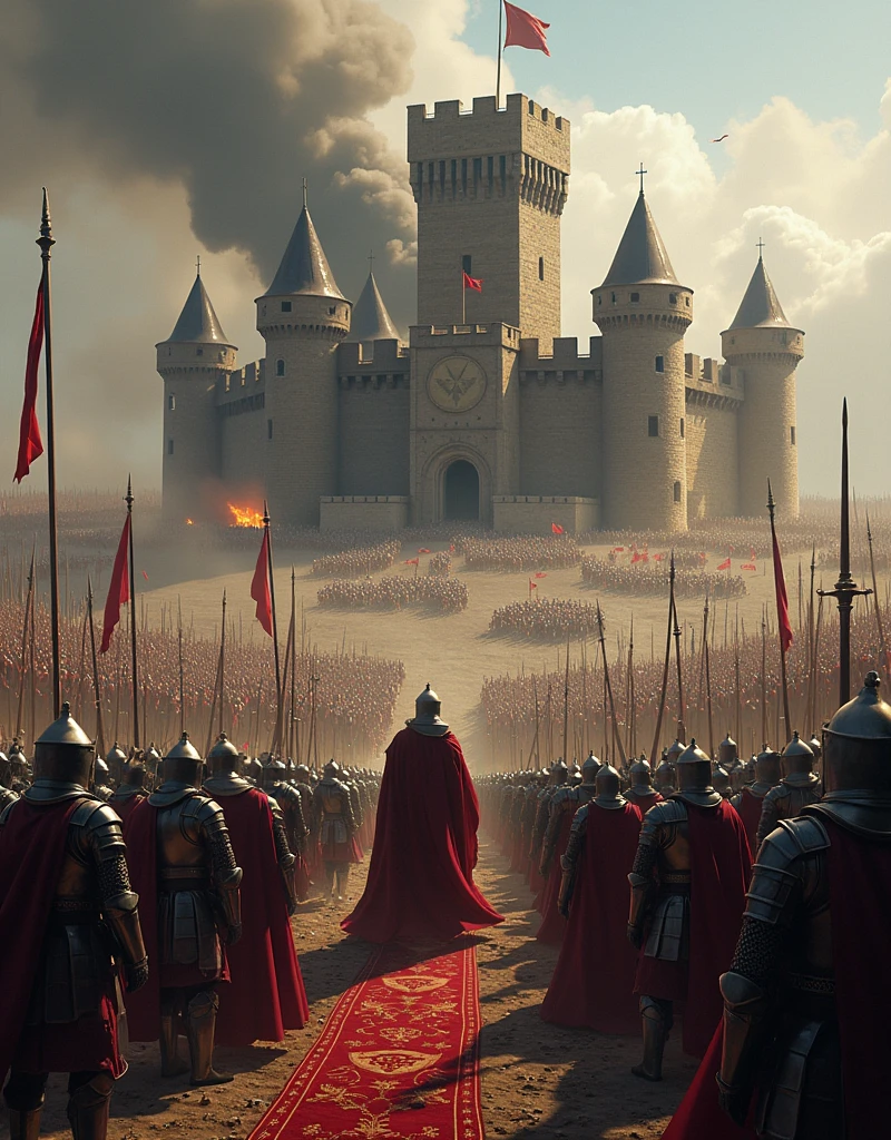 A grand medieval siege with a massive army surrounding a fortified castle. The scene features siege engines like catapults and battering rams, knights in shining armor, and a determined king or queen rallying their troops for a last stand. The sky is dark with smoke, and the battlefield is chaotic, with fire and debris everywhere. The scene captures the intensity and drama of the epic confrontation. –v 5 –q 2 –ar 16:9 –stylize 625”