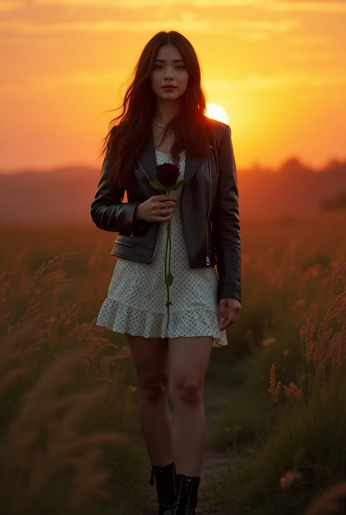 cinematic (solo) a 3 Asian woman, curvy body, long brown hair, wearing a black leather jacket, white polka dot dress, black boots, posing holding a black rose, standing in the middle of tall grass, sunset, cinematic